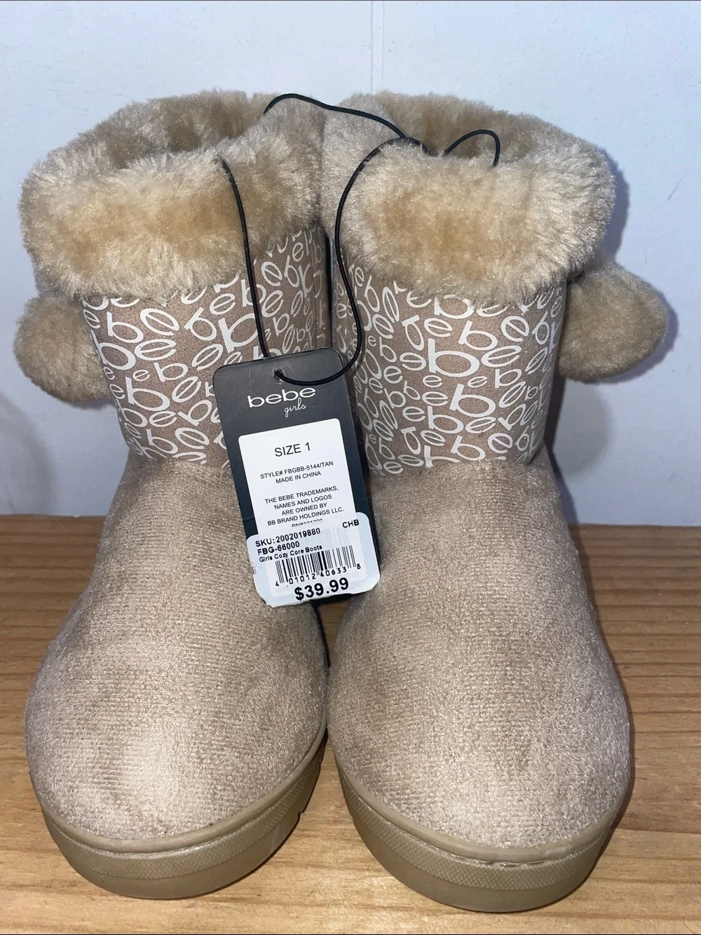 bebe Tan Logo Pom-Pom Shearling Cuff Boots